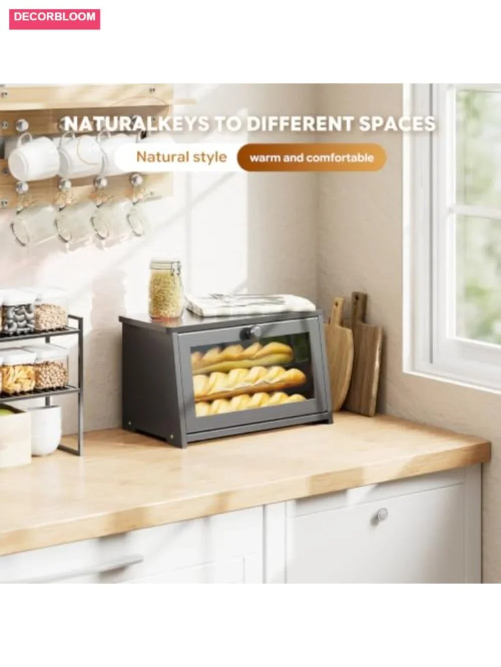 Bamboo Bread Box with Magnetic Acrylic Door, Kitchen Countertop Storage